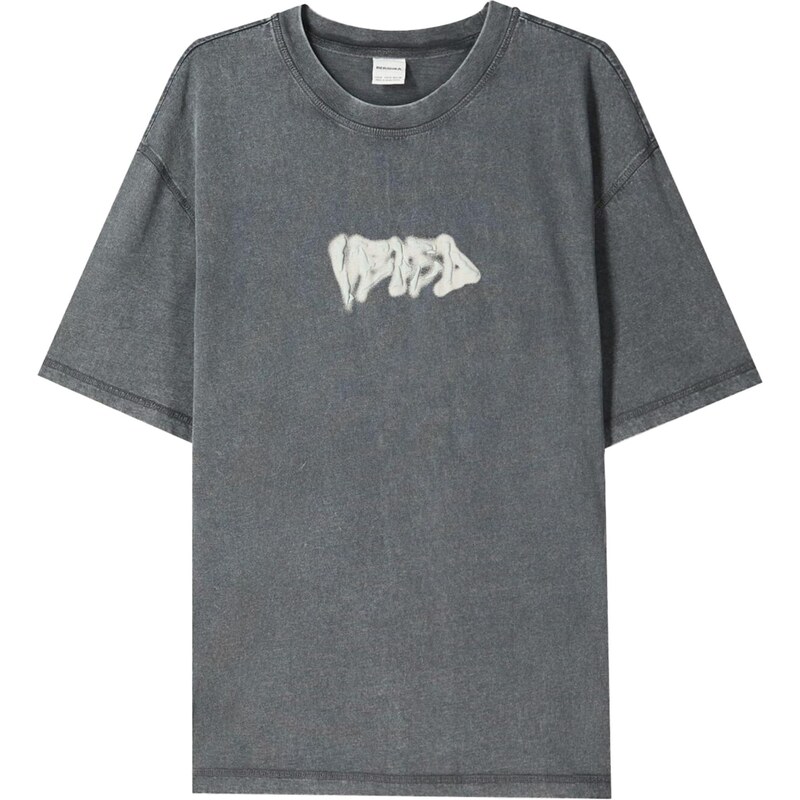 Bershka Tričko vodová / tmavosivá / biela 65811770