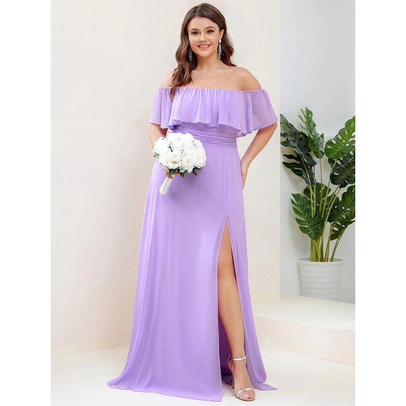 Šifónové šaty s volánom a rozparkom levanduľové 64246184