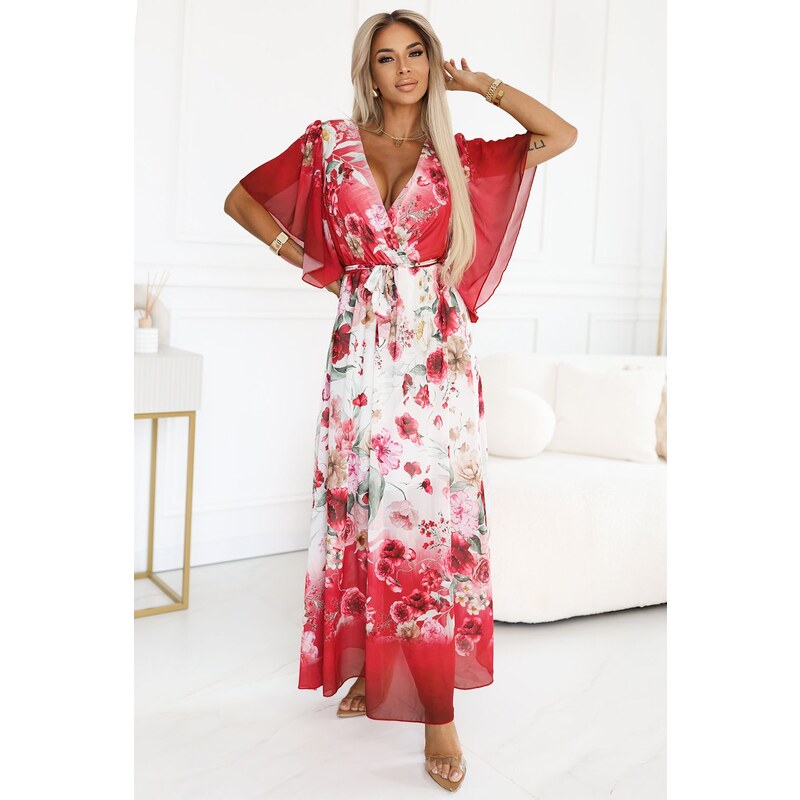 numoco basic Smotanovo-červené voľné šaty s kvetinami 65125298