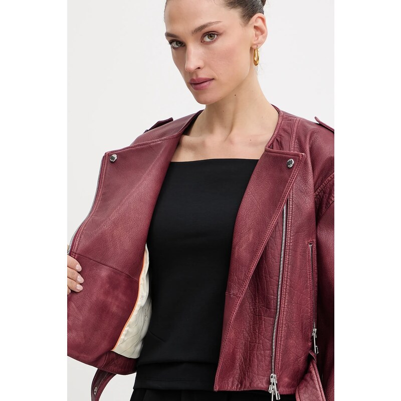 Kožená bunda BOSS Orange bordová farba, prechodná, oversize, 50543026