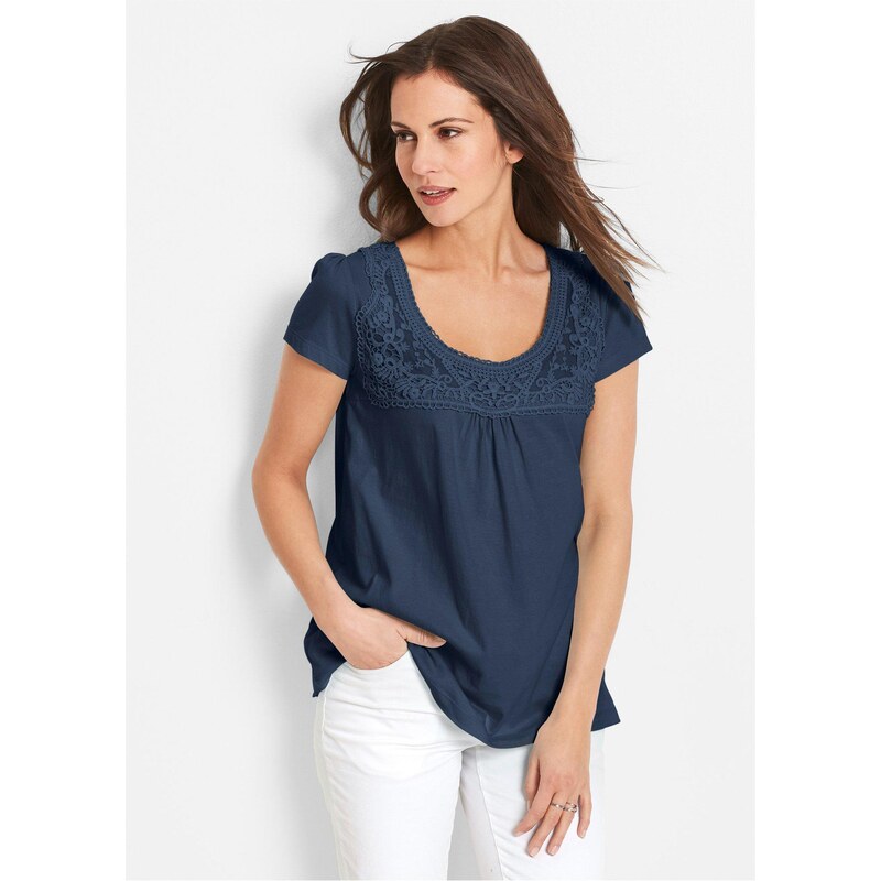 bonprix Bavlnené tričko s čipkou, krátky rukáv, farba modrá 44982200