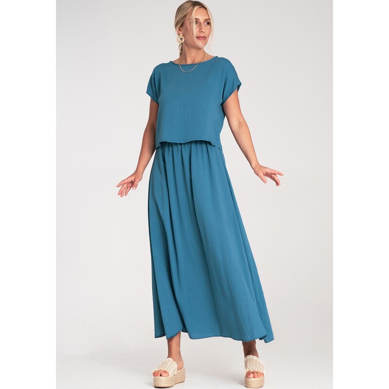 FIGL Modrá dámska viskózová súprava voľnej blúzky a sukne s elastickým 66149923