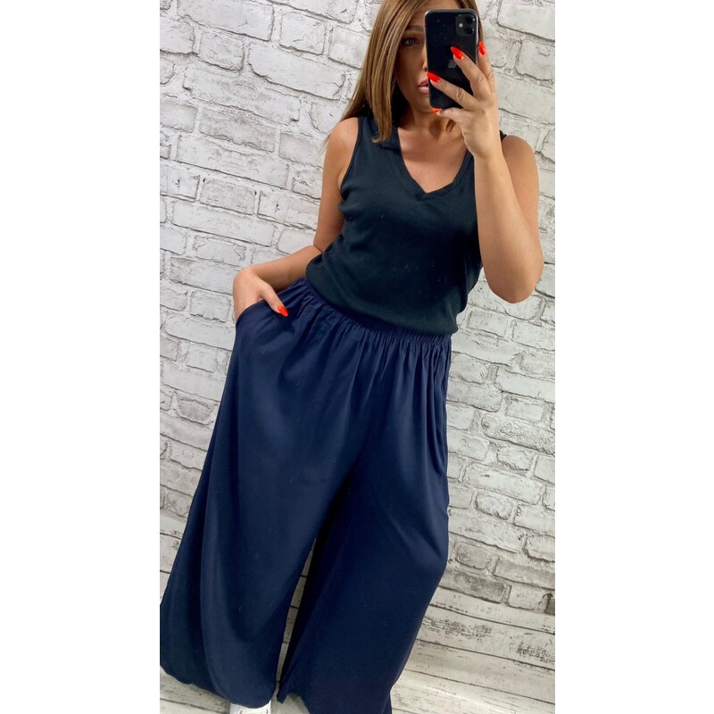 (veľ. 44/52) Široké nohavice z hladkej viskózy tmavomodré 64389491