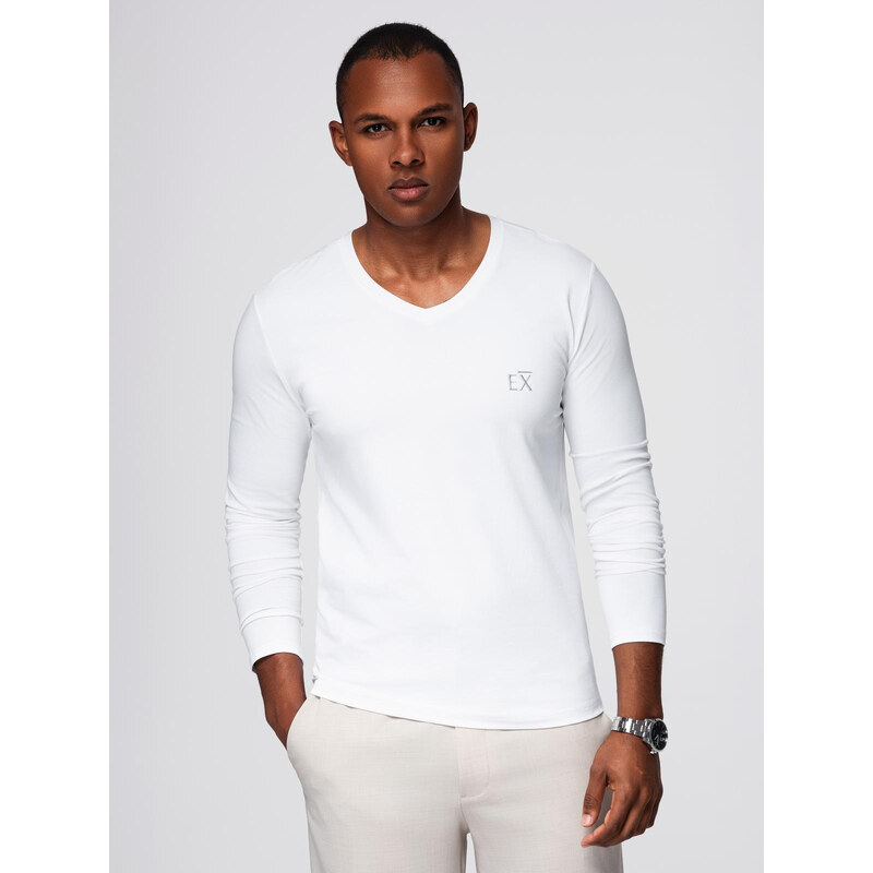 Ombre Mens V-neck SLIM FIT longsleeve with elastane and print - white 64788549