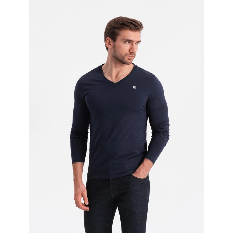 Ombre Clothing Tmavomodré tričko s dlhým rukávom a V-výstrihom, a s 64398341