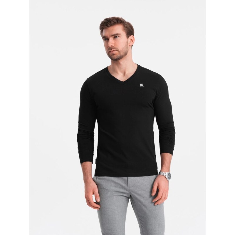 Ombre Clothing Čierne tričko s dlhým rukávom a V-výstrihom, a s logom 64398342