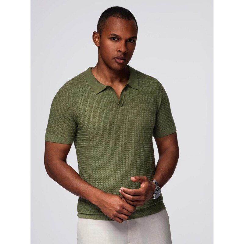 Ombre Clothing Pánska olivová úpletová polokošeľa V1 POSS-0157 64405388