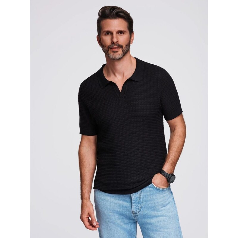 Ombre Clothing Pánska čierna úpletová polokošeľa V3 POSS-0157 64405389