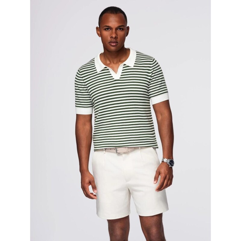 Ombre Clothing Námornícka bielo-olivová úpletová polokošeľa V3 POSS 64406953