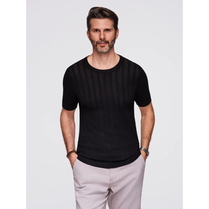 Ombre Clothing Trendy pánsky čierny sveter s krátkym rukávom V2 TSCT 64406955