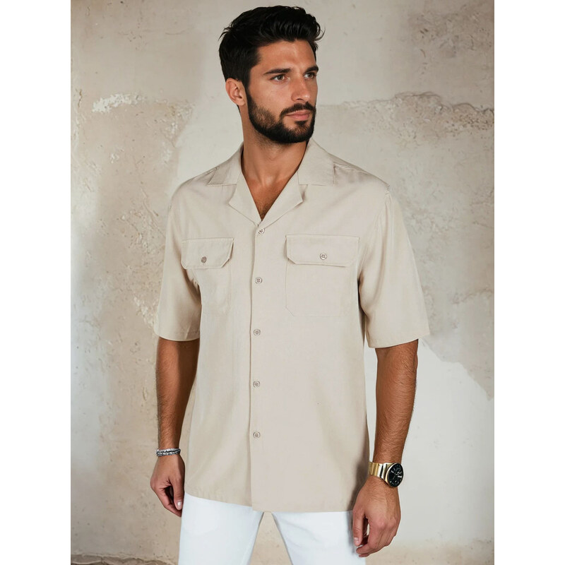 BASIC Béžová pánska viskózová košeľa s krátkym rukávom KX1087 64414953