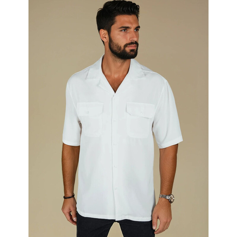 BASIC Biela pánska viskózová košeľa s krátkym rukávom KX1086 64414951