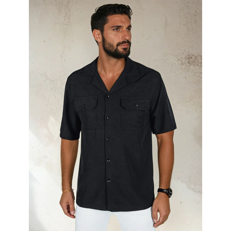 BASIC Čierna pánska viskózová košeľa s krátkym rukávom KX1084 64414954