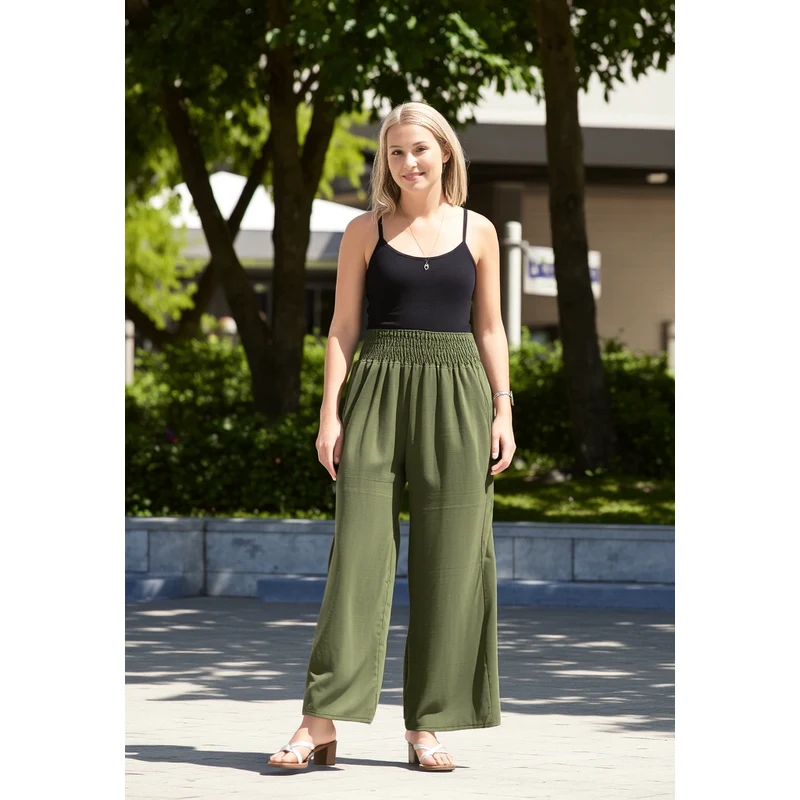 (veľ. 42/48) Široké nohavice s nariaseným pásom kaki zelené 54605617