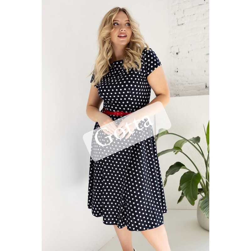 Bodkované šaty s červeným opaskom tmavomodré 54605653