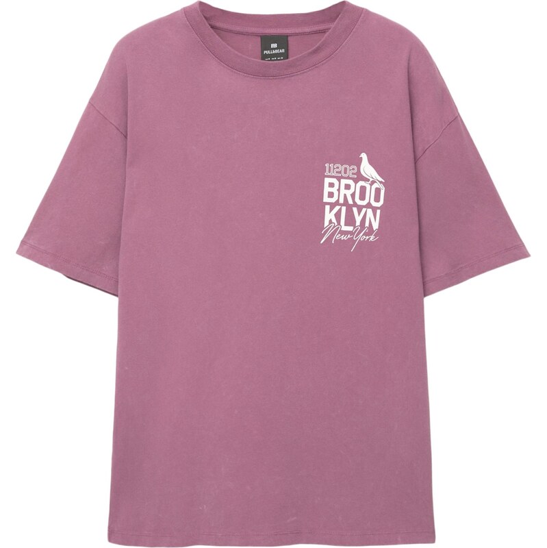 Pull&Bear Tričko BROOKLYN orchideová / biela 65657452