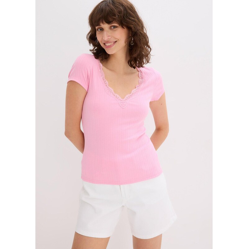 bonprix Vrúbkované tričko s čipkou (2 ks), farba červená 64438749