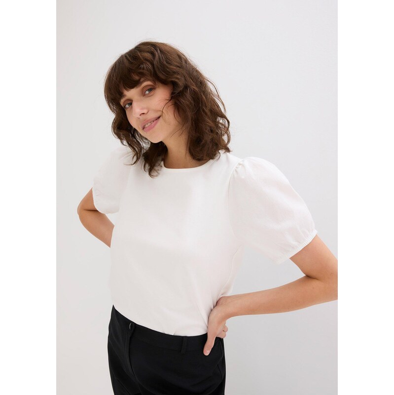 bonprix Džersejové tričko s rukávmi z bavlneného popelínu, farba biela 64438837