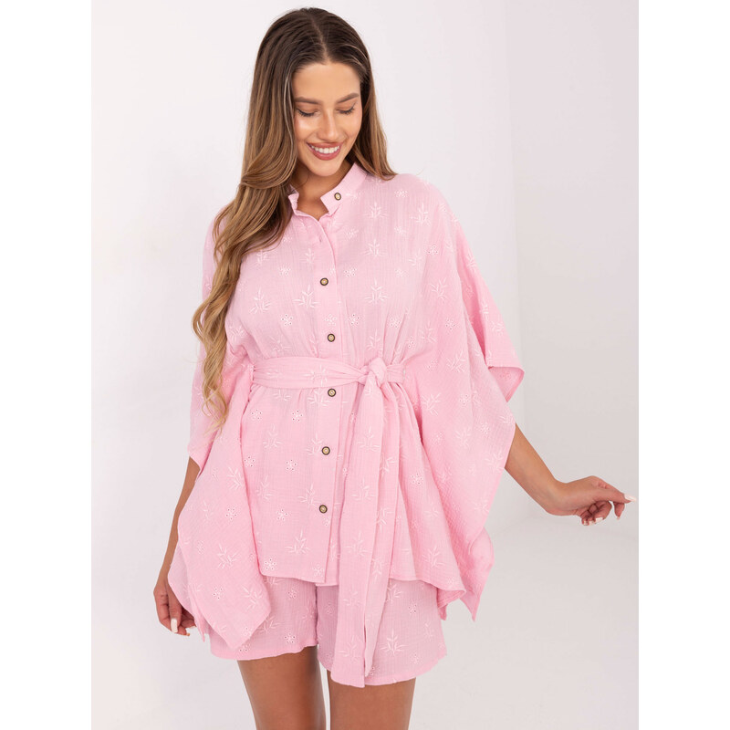 BASIC Svetloružový letný dámsky komplet s kimonovou košeľou a kraťasmi 64463772