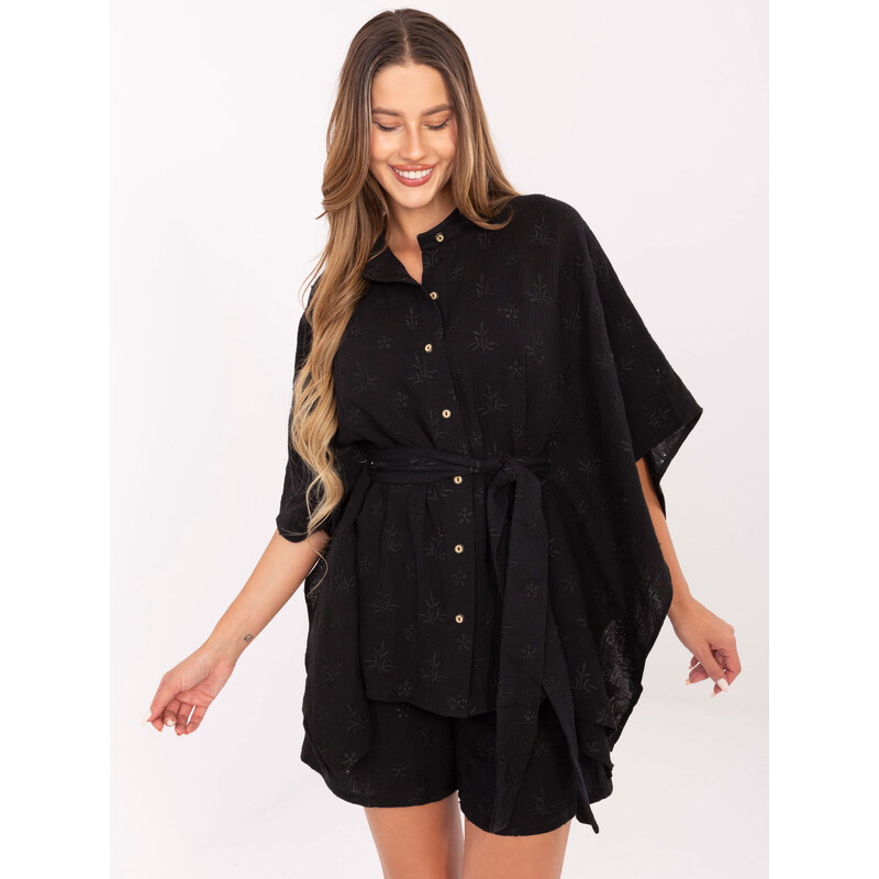 BASIC Čierny letný dámsky komplet s kimonovou košeľou a kraťasmi LK 64470001