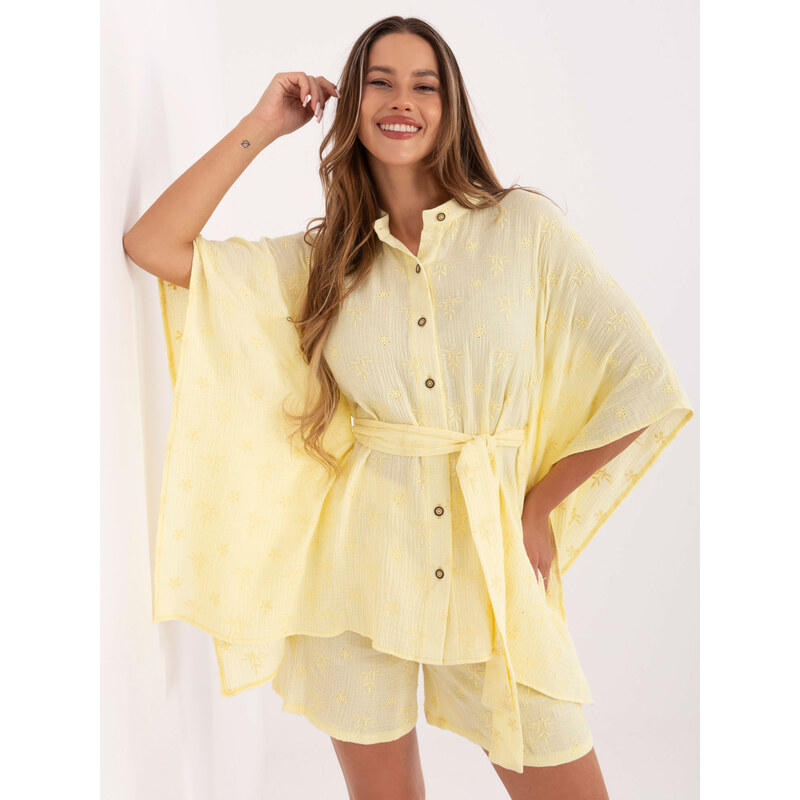 BASIC Svetložltý letný dámsky komplet s kimonovou košeľou a kraťasmi 64470000