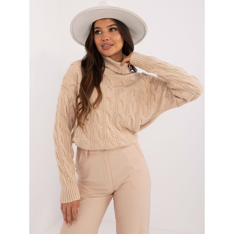 ITALY MODA Béžový vrkôčikový sveter s rolákom AT-SW-23445.00-beige 57956141