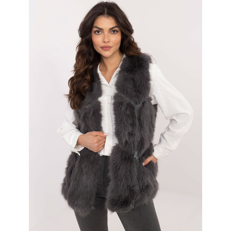 ITALY MODA Tmavosivá dámska kožúšková vesta s vreckami AT-KZ-2375.00P 66148976