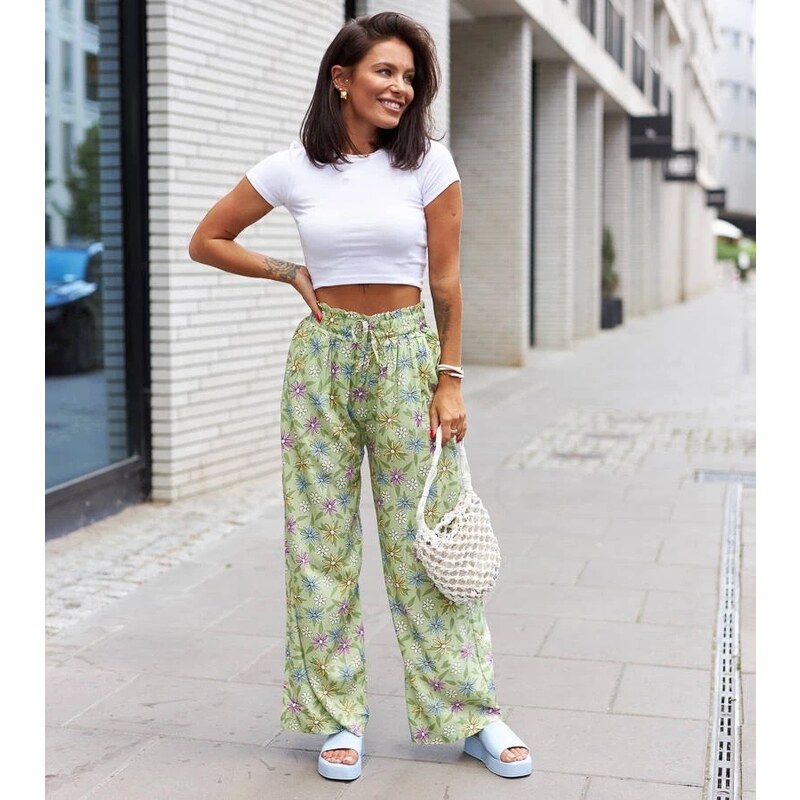 Gemre Zelené široké kvetinové nohavice Vertemate 65390671