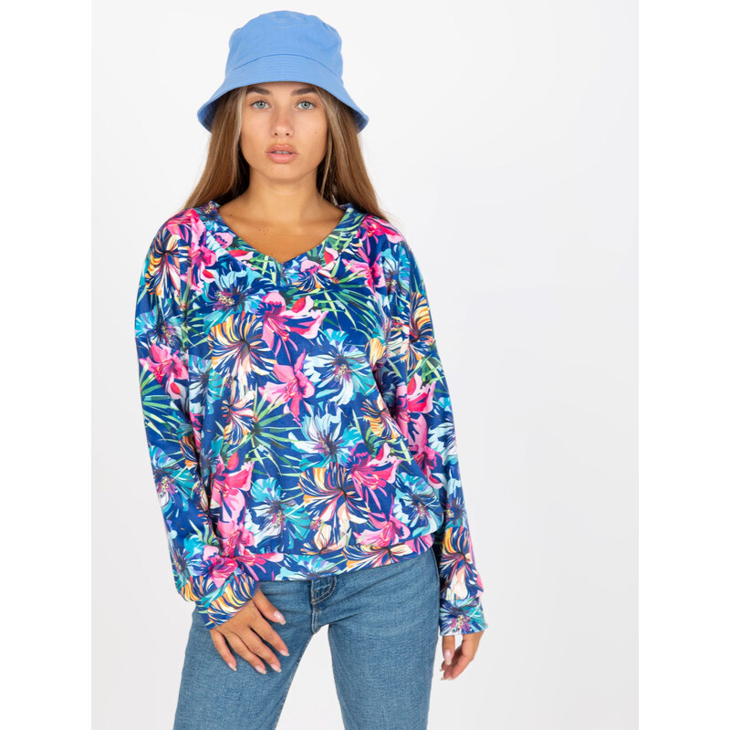 RUE PARIS Modré dámske kvetinové tričko s dlhými rukávmi RV-BZ-8133 57952276