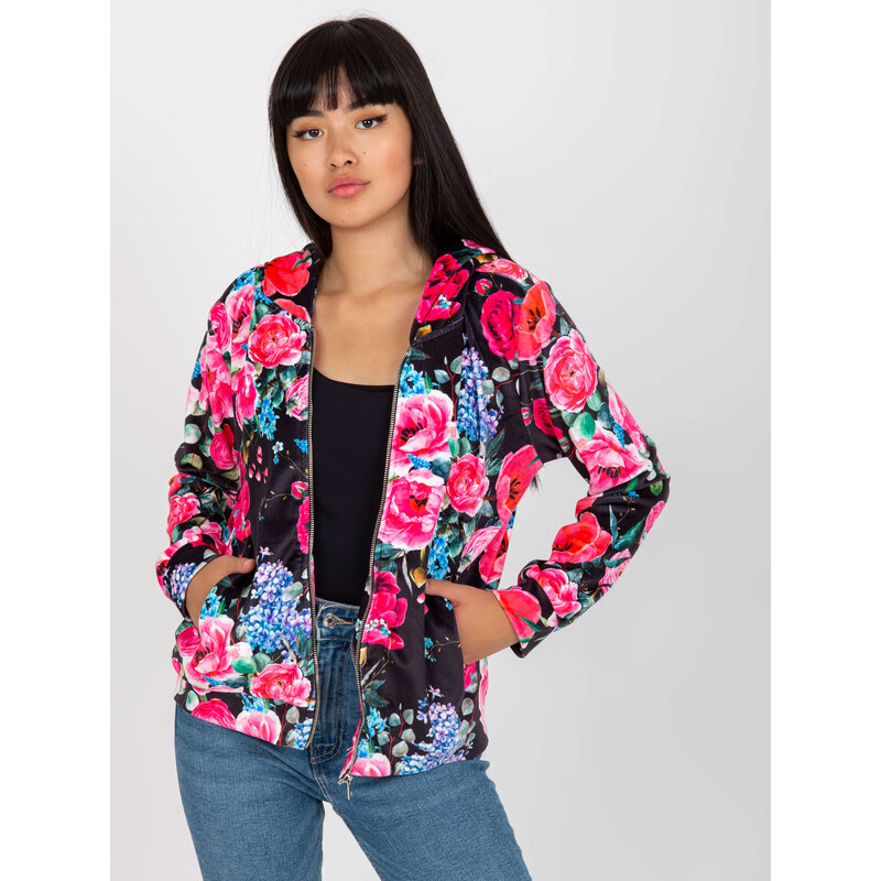 RUE PARIS Čierna kvetovaná mikina s kapucňou RV-BL-8118.89-black-pink 57950674