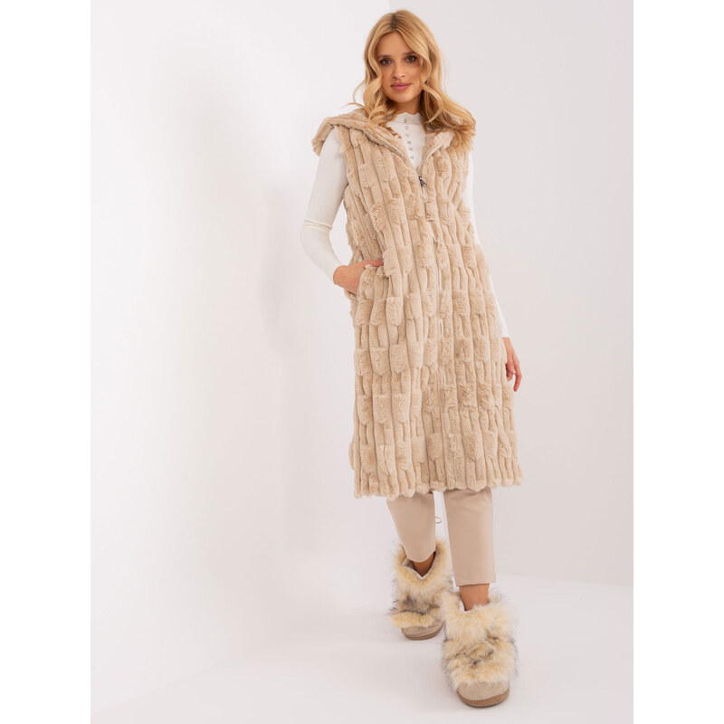 ITALY MODA Béžová midi kožušinová vesta AT-KZ-2368-1.07-beige 57954377