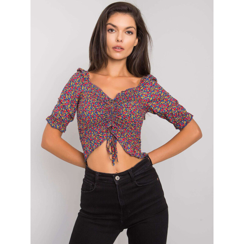 RUE PARIS Modrý kvetinový top so stiahnutím -RO-BZ-2516-8.28-blue 57948050