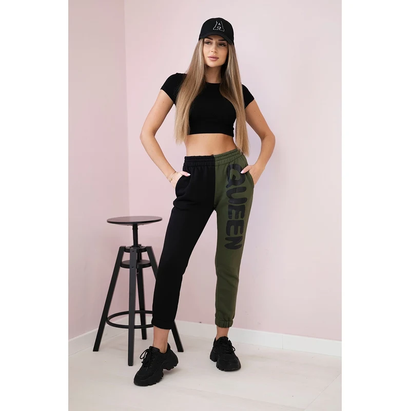 Kesi Dámske tepláky s nápisom QUEEN khaki 64694245