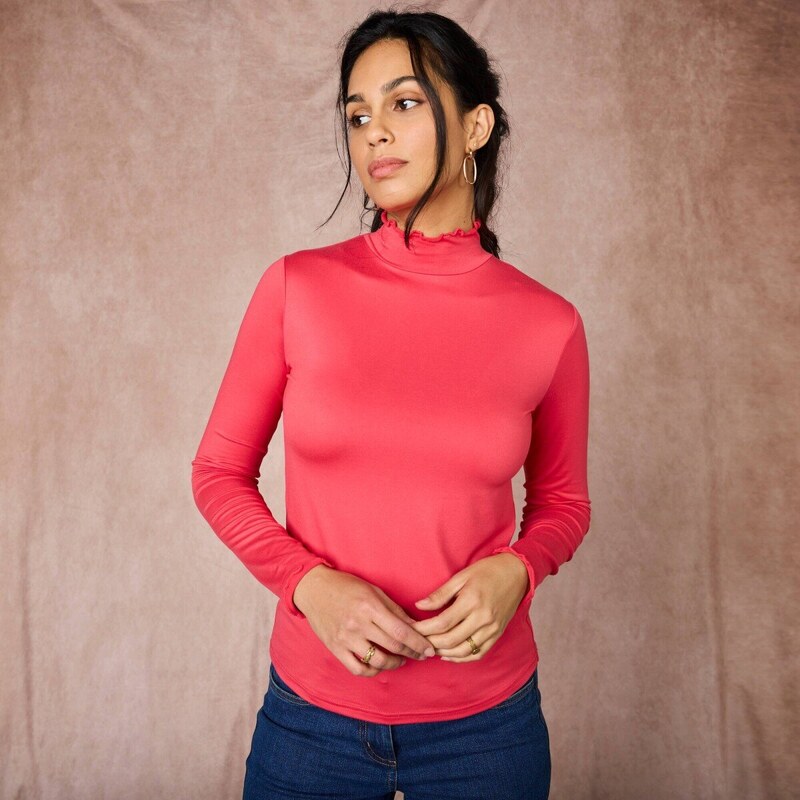 Jednofarebné tričko so stojačikom a zvlneným zakončením ružová 048 57058902