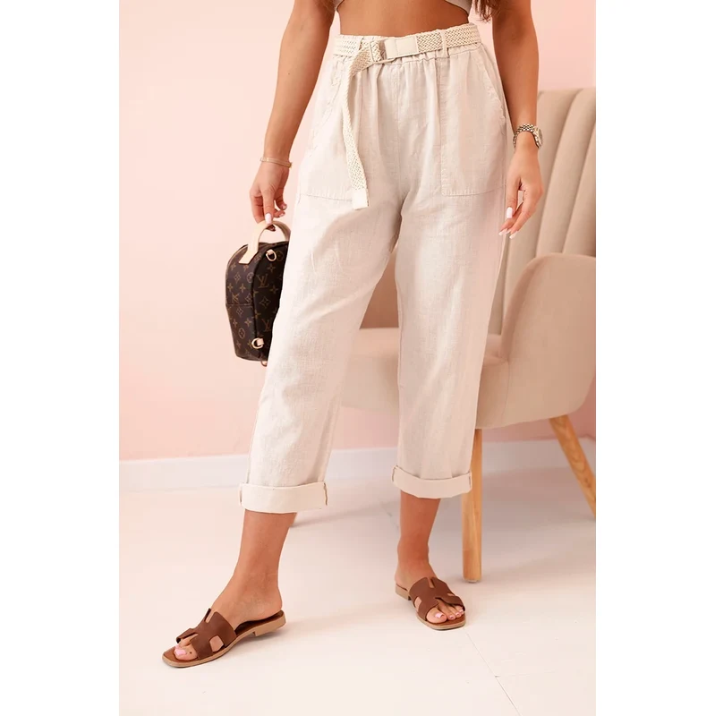 Kesi Włoski Dámske ľanové nohavice s bavlnou a opaskom béžové 64679855