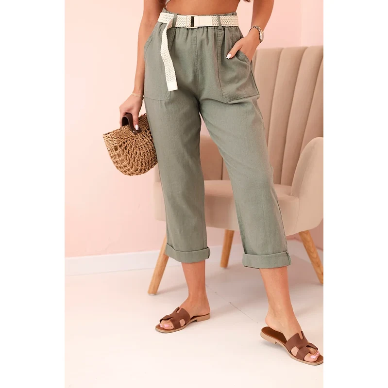 Kesi Włoski Dámske ľanové nohavice s bavlnou a opaskom khaki 64679863