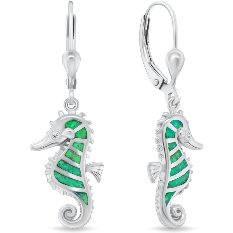 Brilio Silver Strieborné visiace náušnice Morský koník so zelenými 66593209