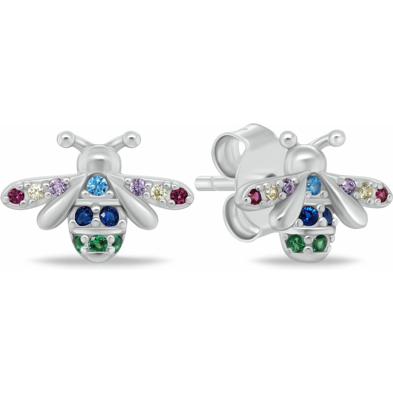 Brilio Silver Hravé strieborné náušnice Včielky s farebnými zirkónmi 66591101