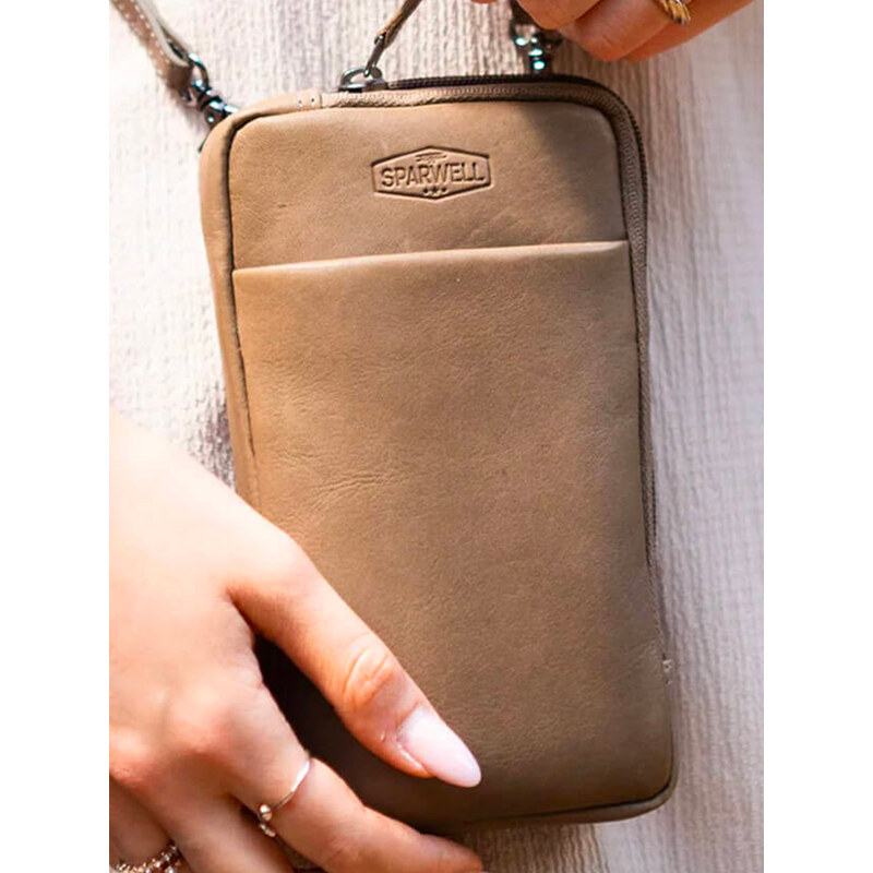 Dámska kožená kabelka na mobil a doklady Sparwell Denisa - taupe 60224117