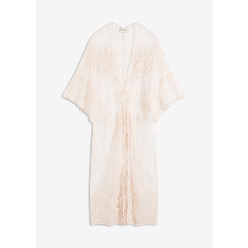 bonprix Transparentné plážové kimono s čipkou, farba biela 64523860
