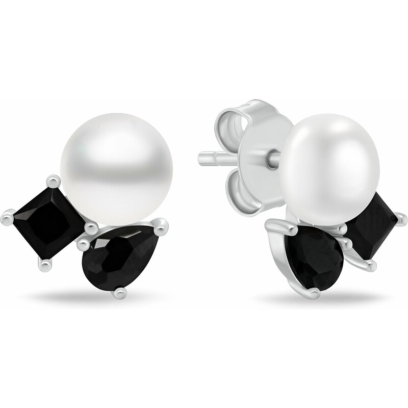 Brilio Silver Nežné strieborné náušnice s čiernymi zirkónmi a perlou 66585425