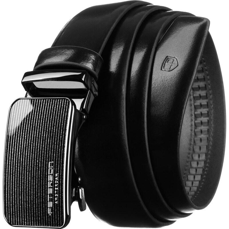 Čierny pánsky kožený opasok s automatickou striebornou prackou - 64601657