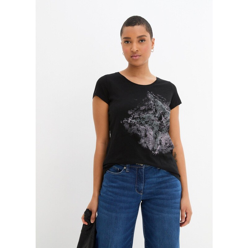 bonprix Bavlnené vypaľované tričko, krátky rukáv, farba čierna 44741560