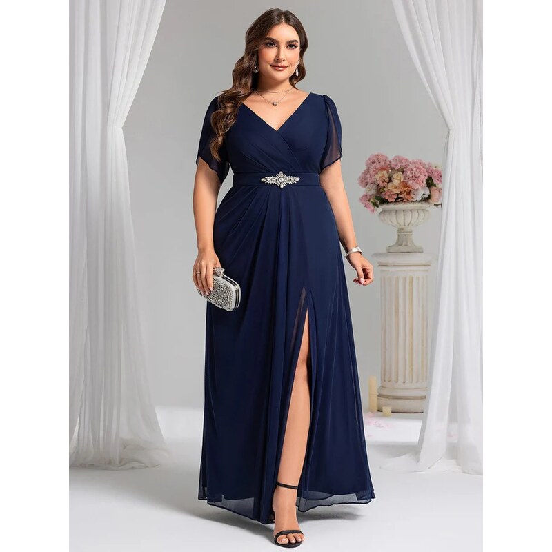 (veľ. 52) Spoločenské šaty s ozdobou na páse tmavomodré 65134637