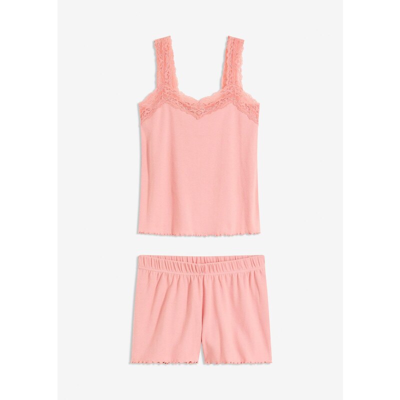 bonprix Krátke pyžamo s jemnou čipkou, farba ružová 64843035