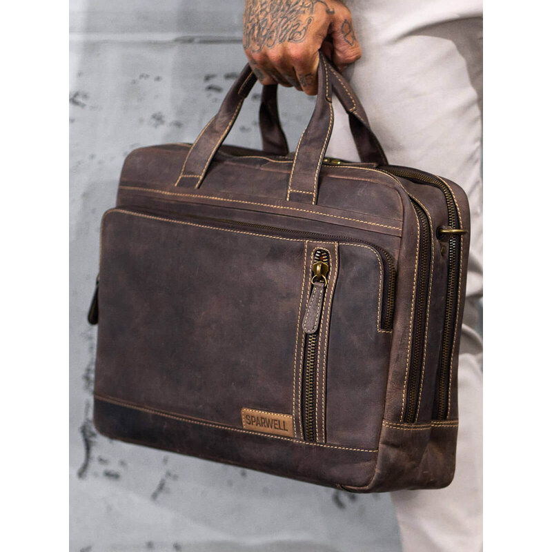 Pánska kožená taška na notebook Sparwell Tanned - tmavo hnedá 44441194
