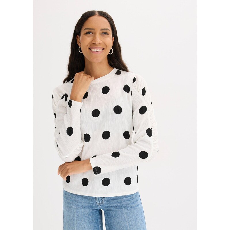 bonprix Tričko s dlhým rukávom, zo štruktúrovaného krepu, farba biela 61593409