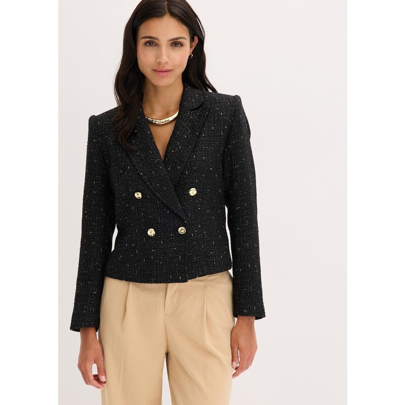 bonprix Krátky blejzer z jemného buklé, farba čierna 64922084