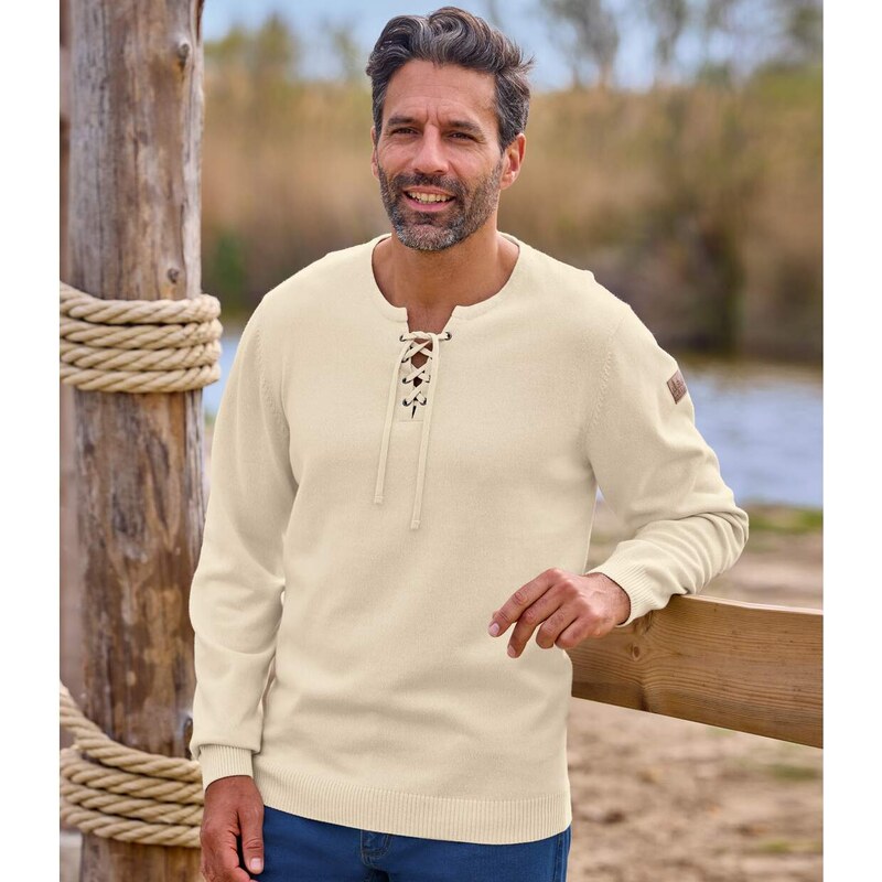 Pletený sveter s golierom na šnúrku Atlas For Men Béžová 64927948