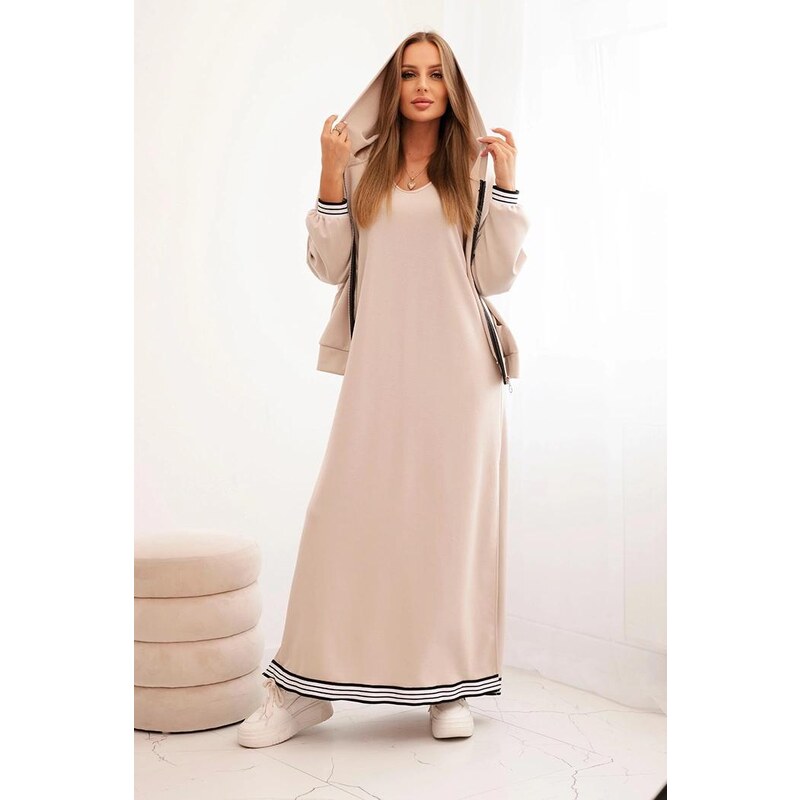 MladaModa Komplet dlhých šiat a mikiny na zips model 00103 béžový 65082527